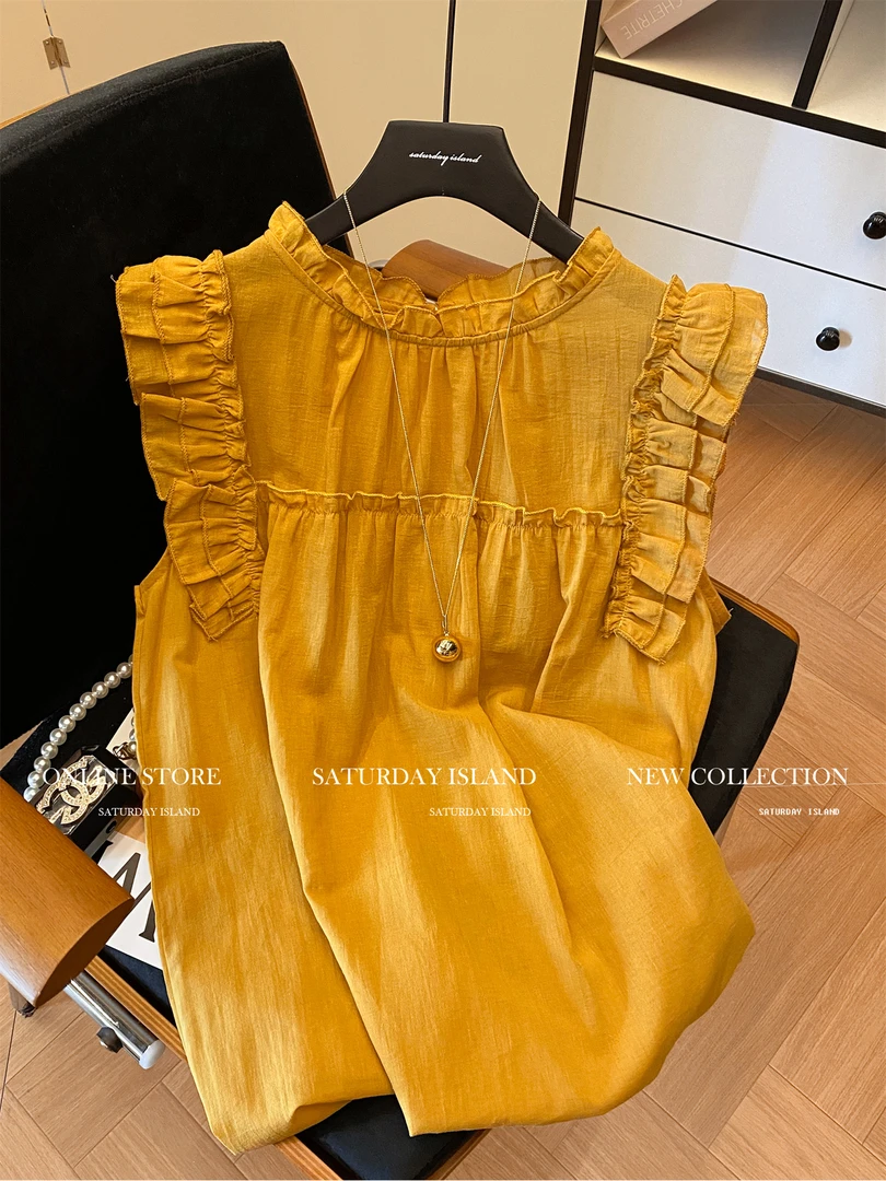 2025年夏季新款时尚chic黄色木耳边小飞袖衬衫女漂亮减龄独特上衣