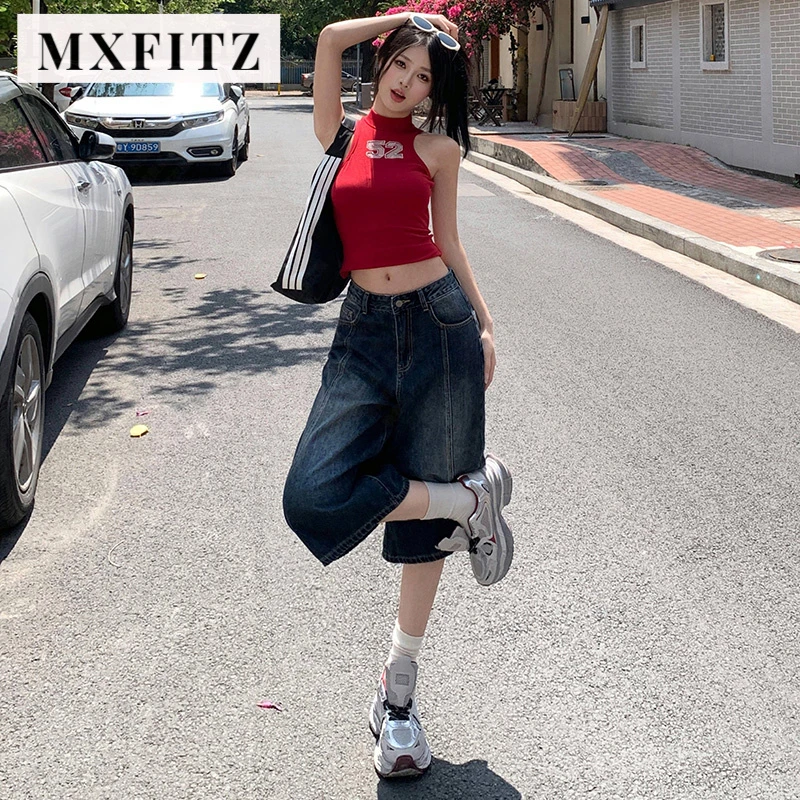【MXFITZ】复古水洗做旧高腰宽松阔腿七分牛仔裤直筒夏季百搭短裤