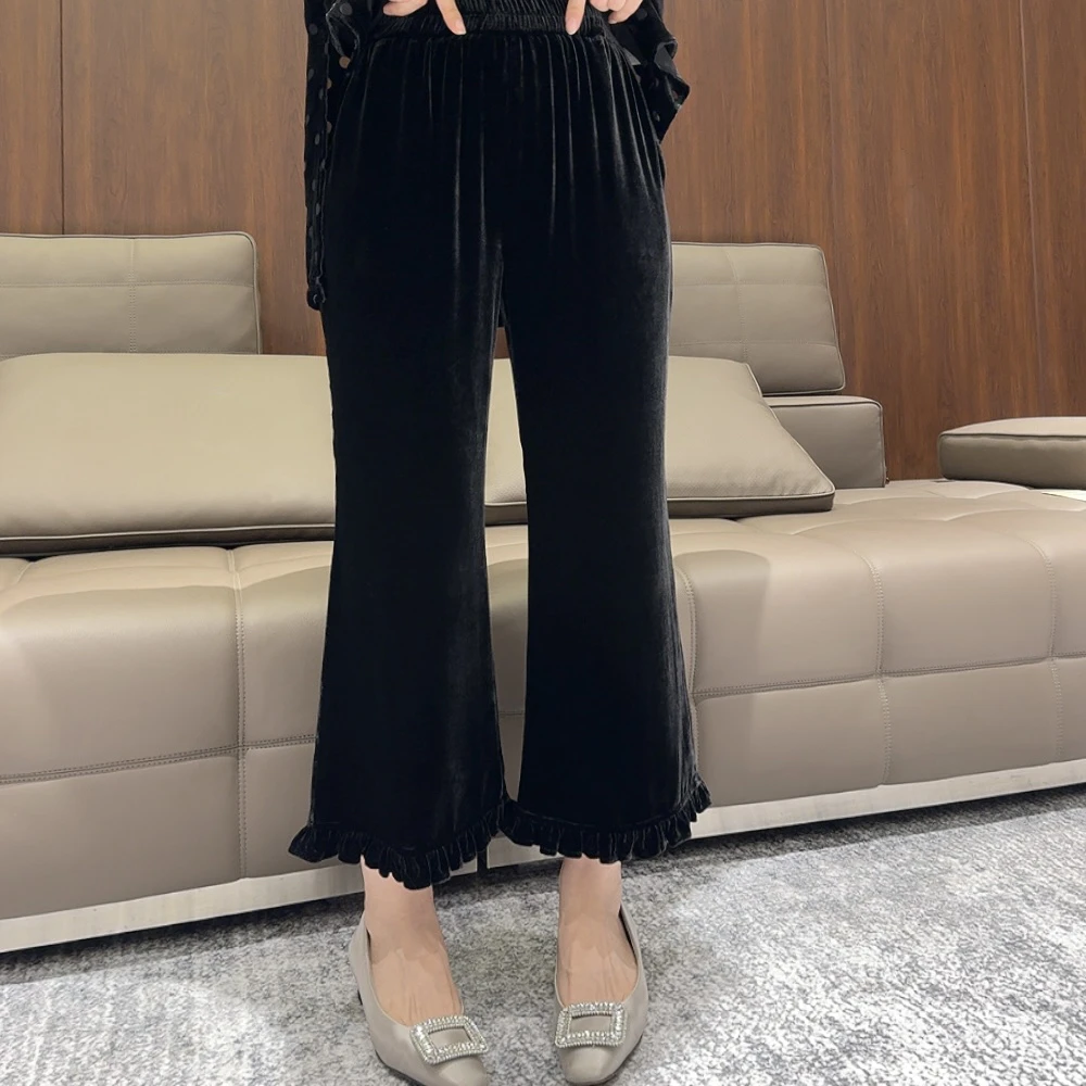 木耳边真丝丝绒休闲宽松八分裤女高端百搭显瘦