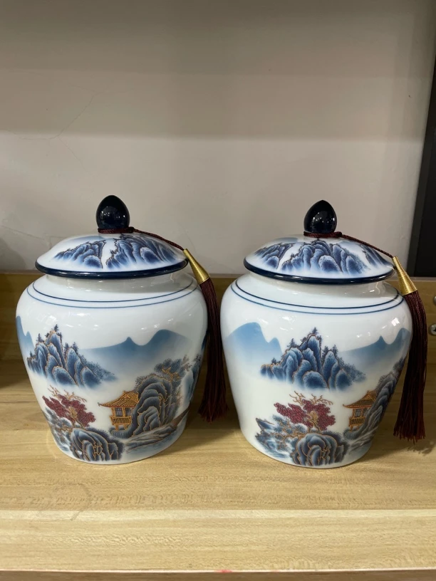 临时链接高端青花山水云境陶瓷茶叶罐密封罐