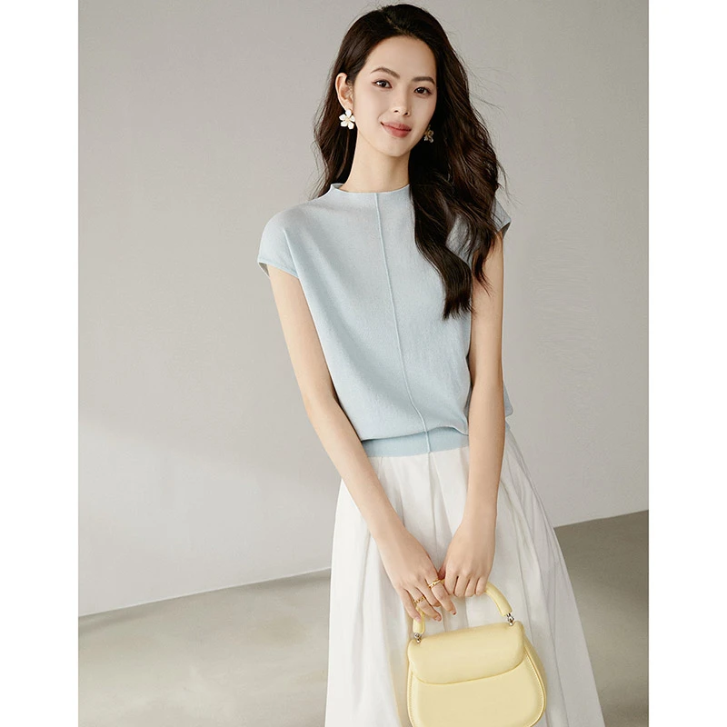 2025夏新款时尚简约气质T恤上衣弹力纯色针织短袖女25011816