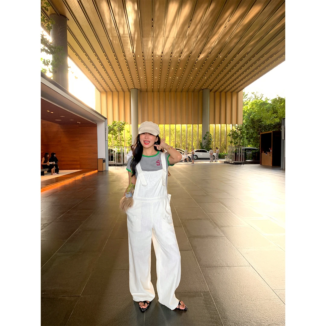 落落狷介 时尚连身裤2025年新款小个子背带裤白色刺绣棉麻阔腿裤