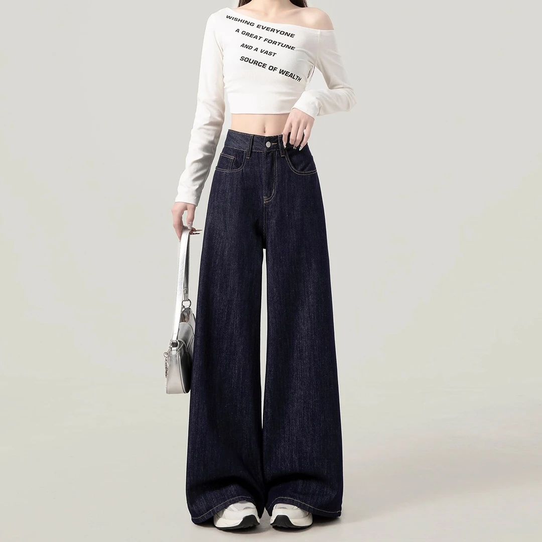 【现货+运费险】秋冬丹宁蓝直筒阔腿牛仔设计感直筒阔腿裤复古宽松