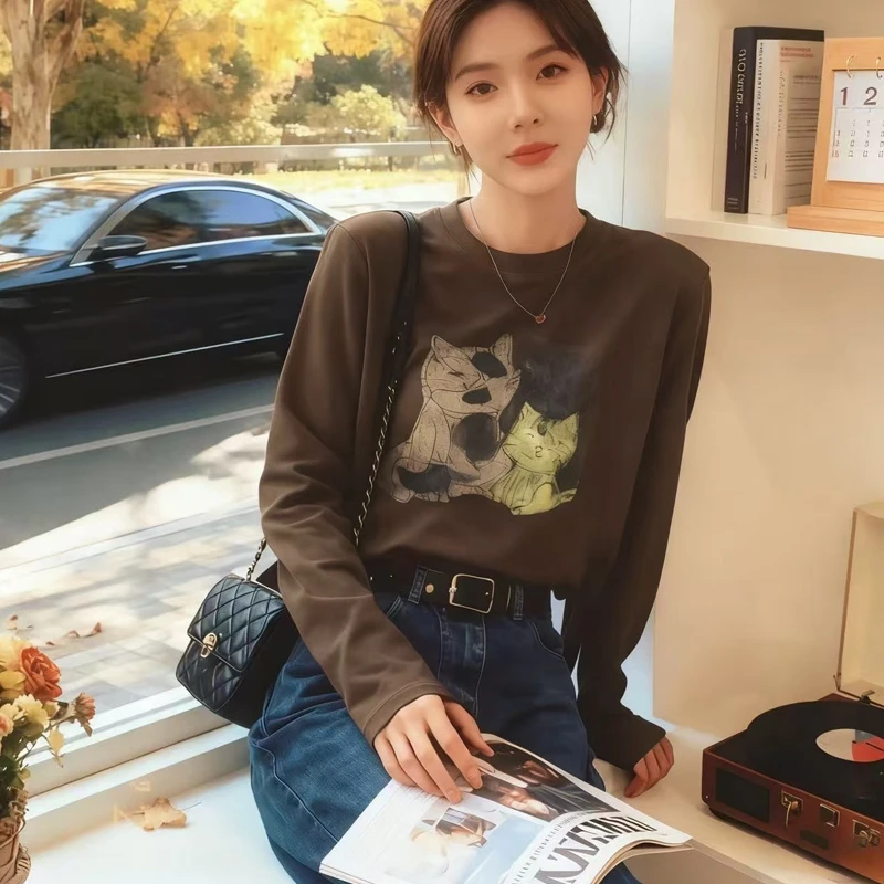 开心猫喵长袖圆领打底衫女款爆款2025新款休闲显瘦修身百搭T恤女