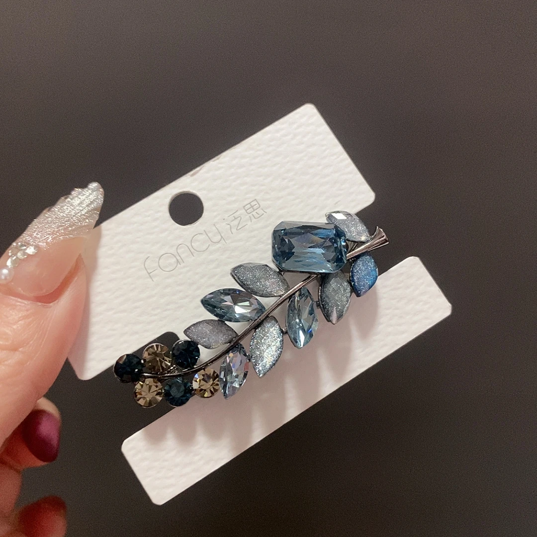 7005蓝色叶子鸭嘴夹侧边刘海夹钻发夹成人复古气质发卡