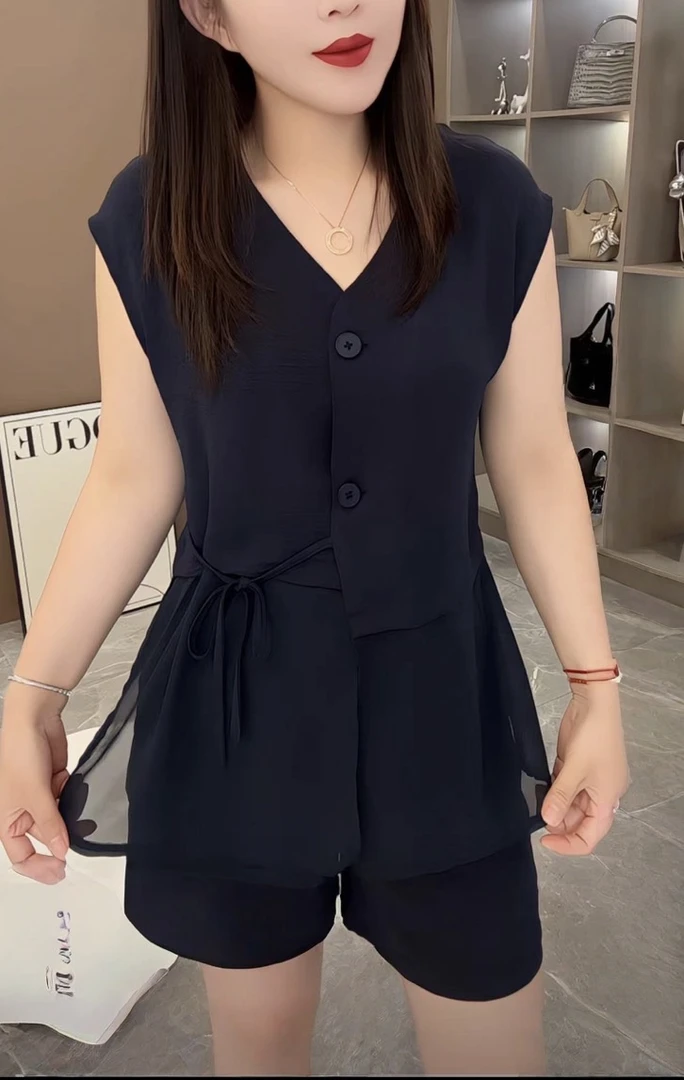 6255款夏季新款V领无袖上衣短裤时尚套装-X