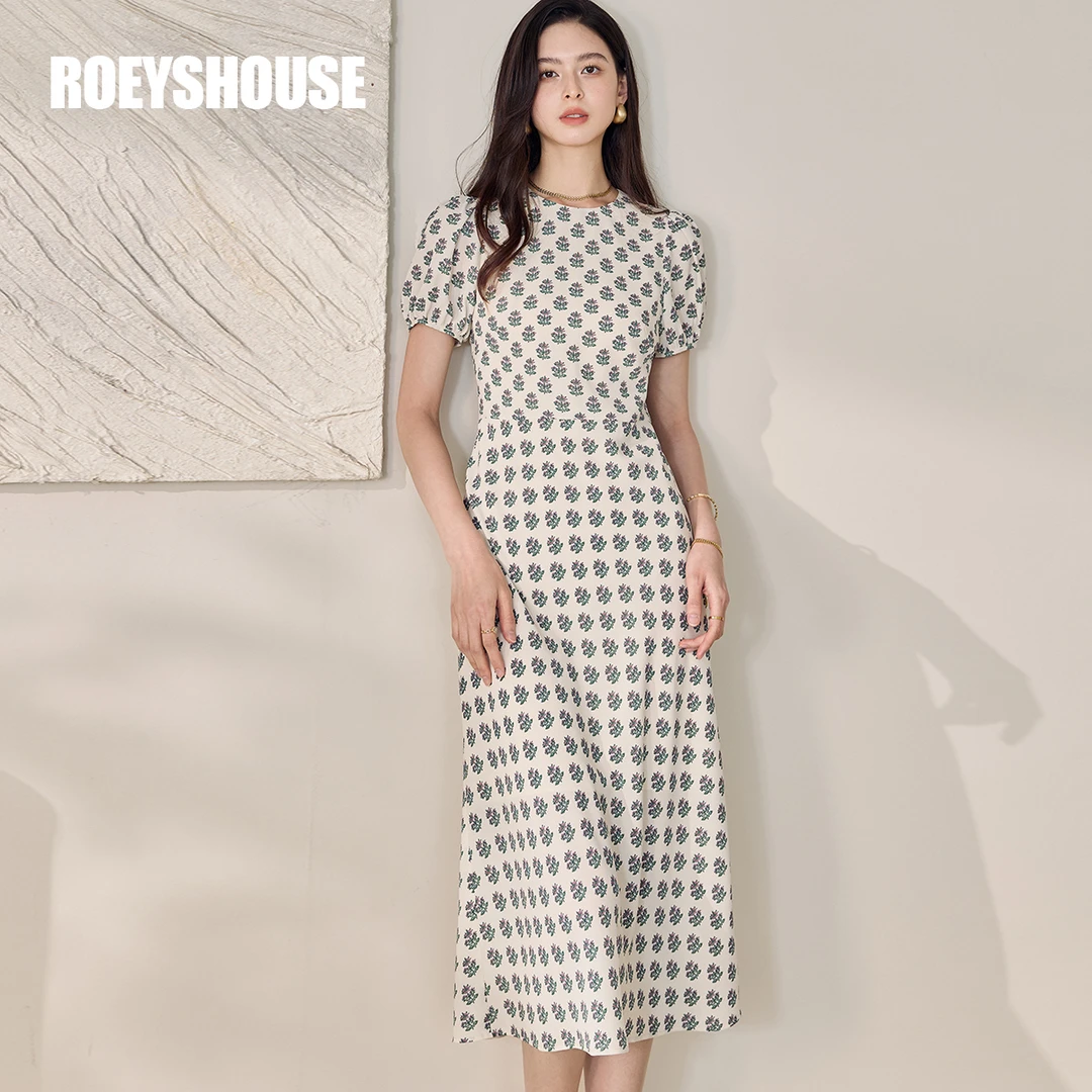 【京阳】罗衣法式花色圆领连衣裙女2025夏季时尚收腰中长裙12184