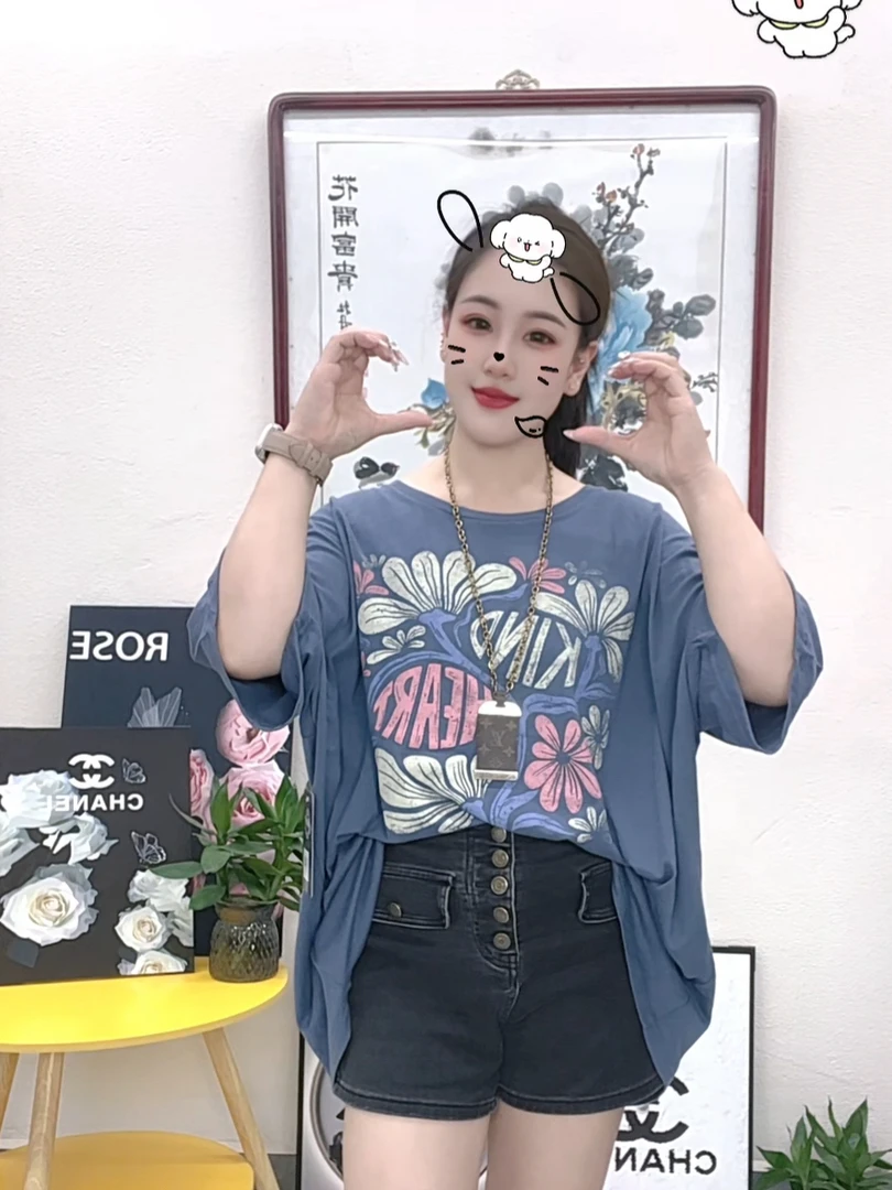 外贸纯棉大码T恤花草图案