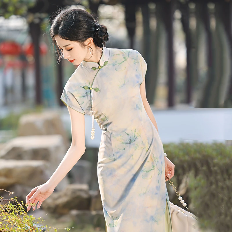 连肩袖+瑞士网弹力透气+国风中式长款改良旗袍中国风年轻款D18893