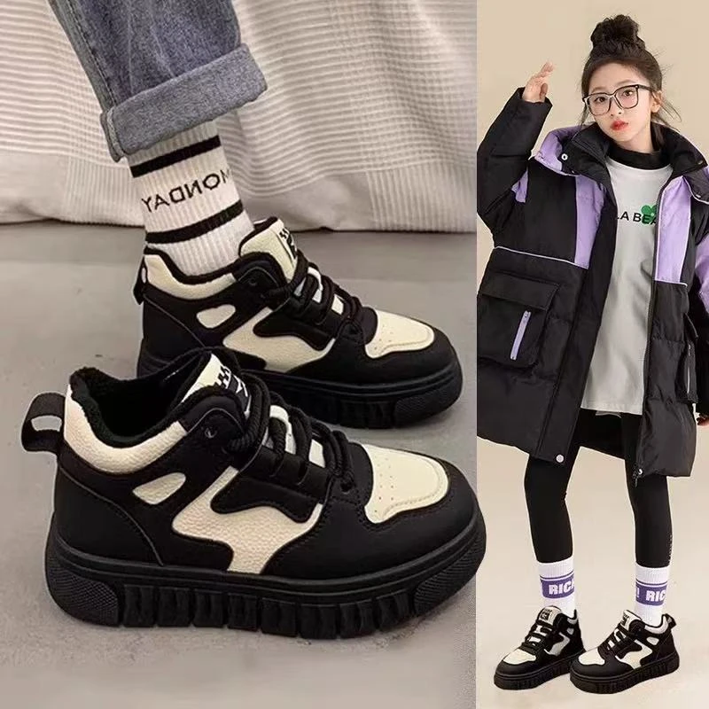 小黄鸭荣耀女童鞋子2025秋冬新款儿童运动鞋高帮加绒二棉鞋中大童