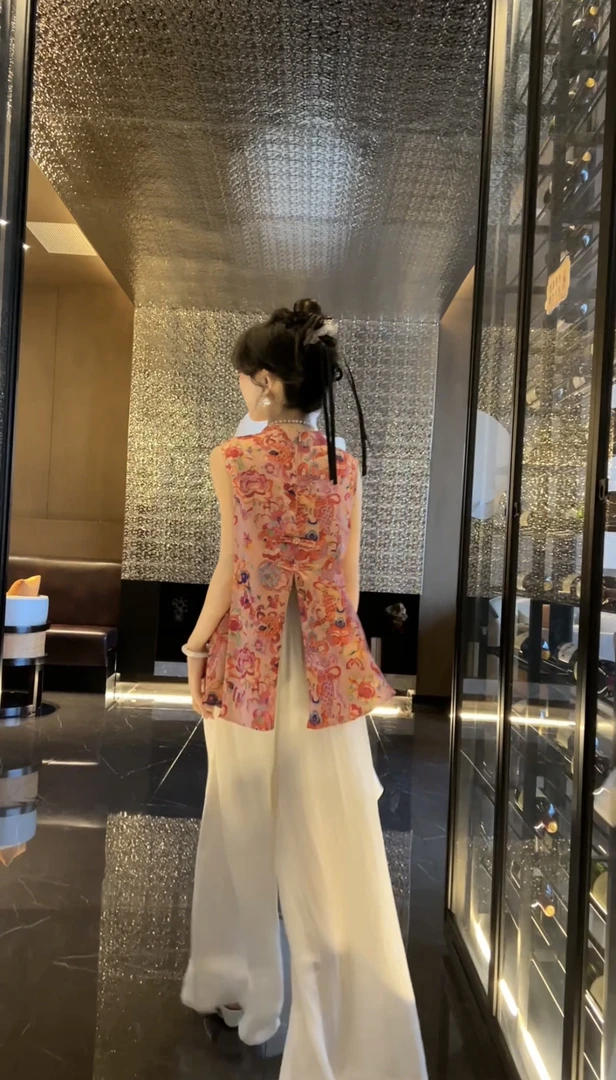 新中式提花无袖中长款上衣+阔腿裤夏季清凉感两件套