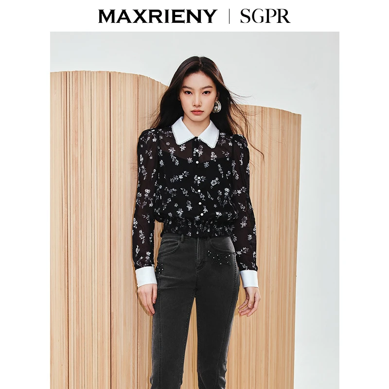 【商场同款】MAXRIENY撞色领印花衬衫女修身显瘦精致复古感上衣