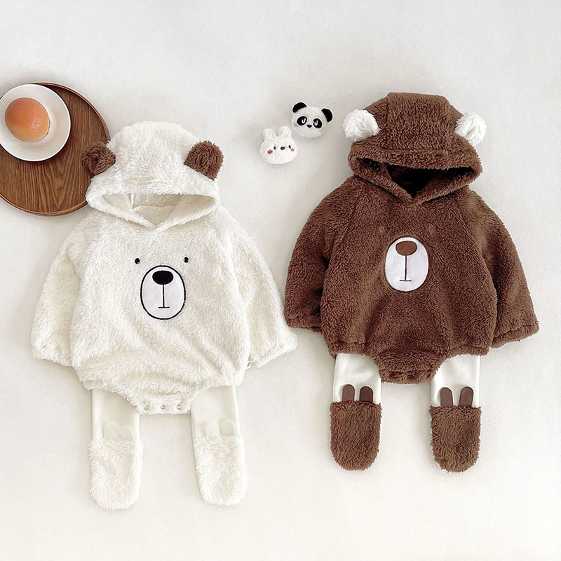 ins宝宝衣服秋冬可爱连帽小熊婴儿加绒哈衣爬服保暖双面绒包屁衣