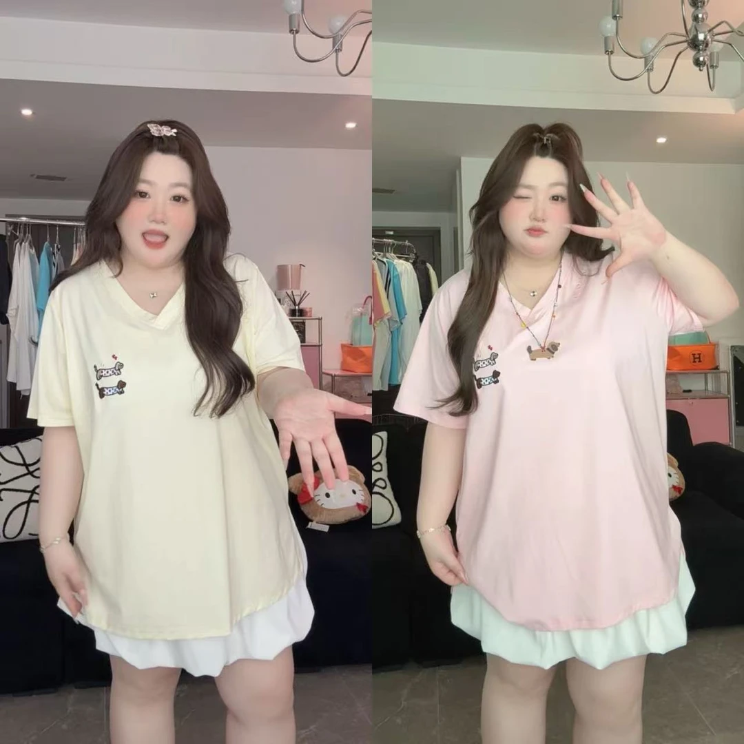 【大春专属】夏季V领正肩短袖胖MM可爱小狗设计上衣宽松T恤18-831