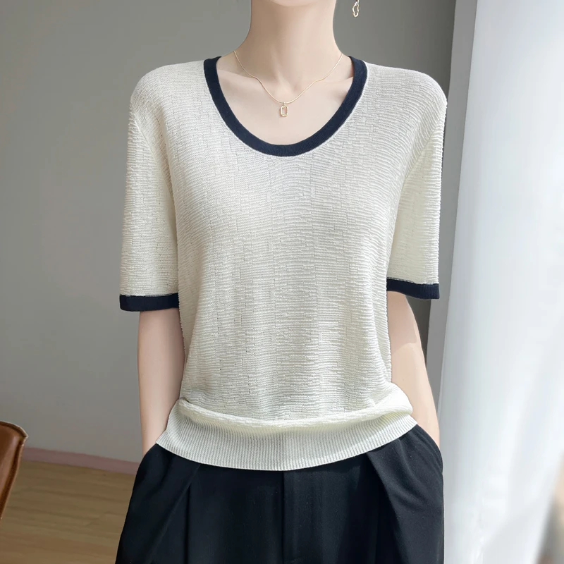 拼色竹节针织短袖T恤女低圆领半袖洋气上衣简约宽松打底衫543