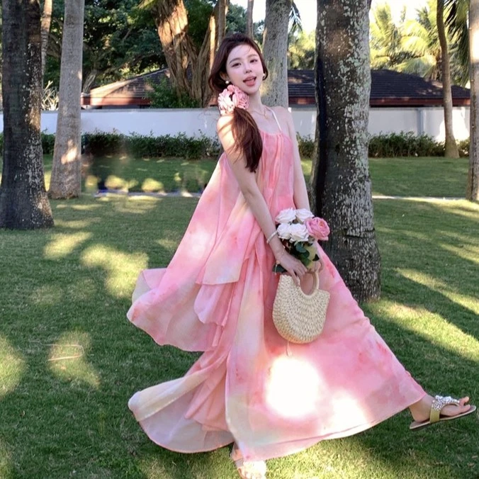 新中式晕染印花海边度假宽松吊带连衣裙女温柔气质慵懒长裙套装女