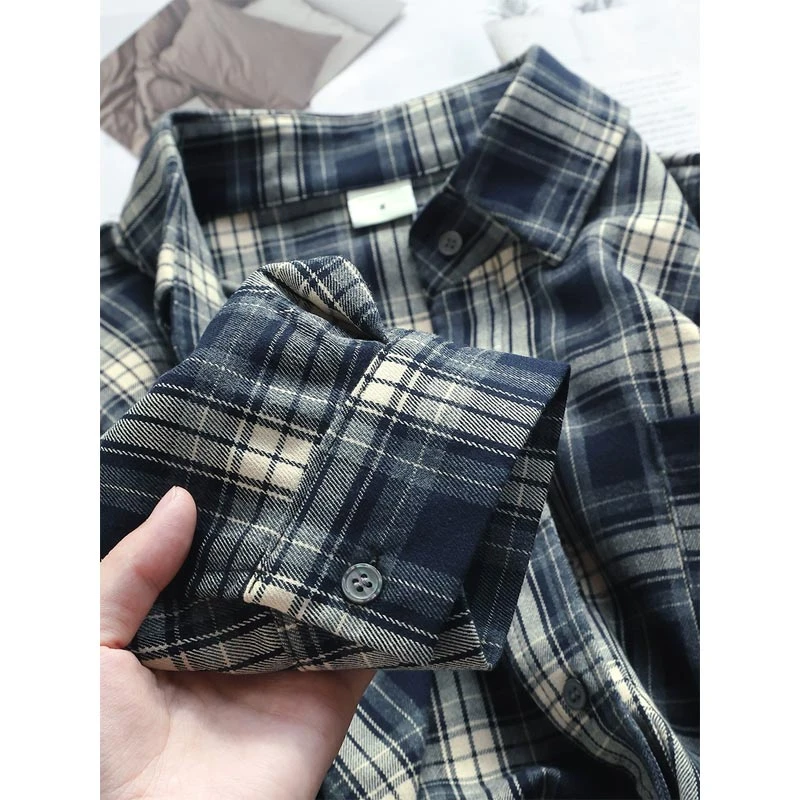 韩系藏蓝色格子衬衫！重磅磨毛衬衣男早春松弛感休闲宽松衬衣外套