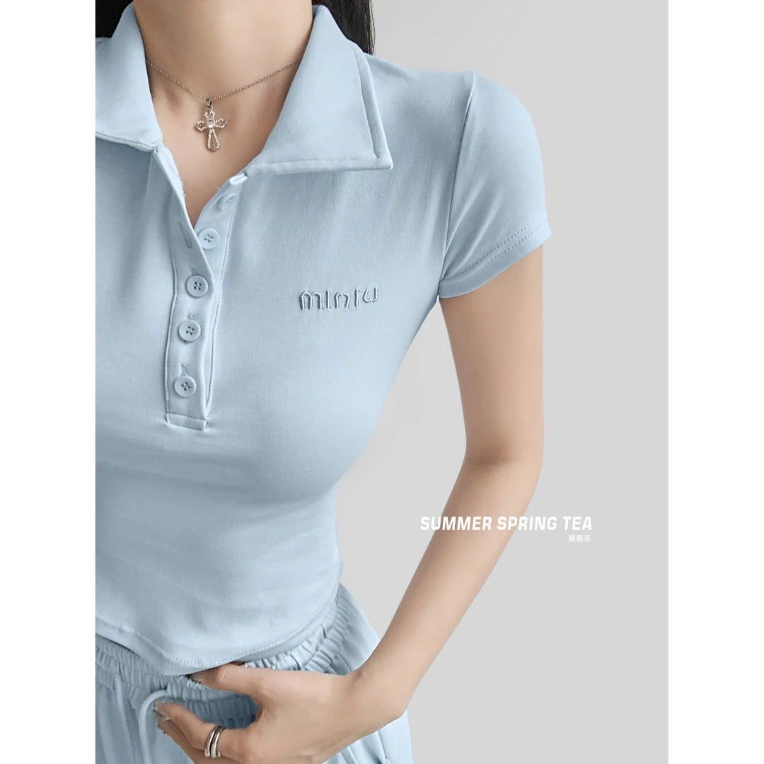 夏春茶 今年超火 欧美风polo领T恤女夏显瘦辣妹收腰修身打底上衣