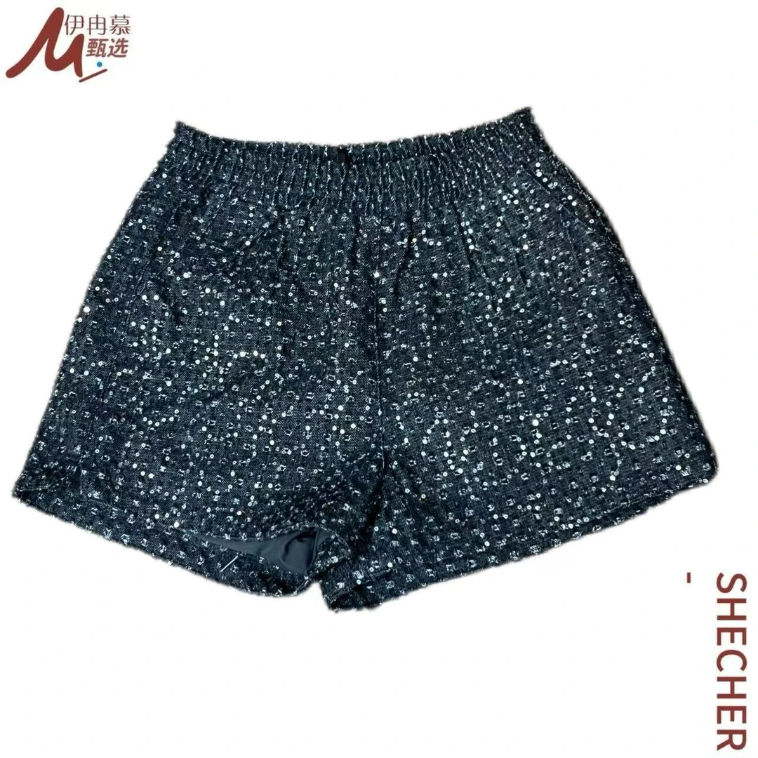 【伊冉慕甄选】夏季短裤亮片松紧腰亮片阔腿短裤黑灰时尚设计师9218