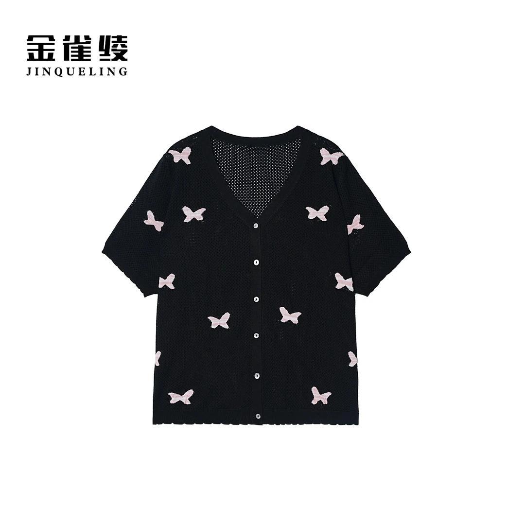 金雀绫【芬芳蝴蝶】设计师小香风镂空加宽加大针织开衫SZAK1THY63