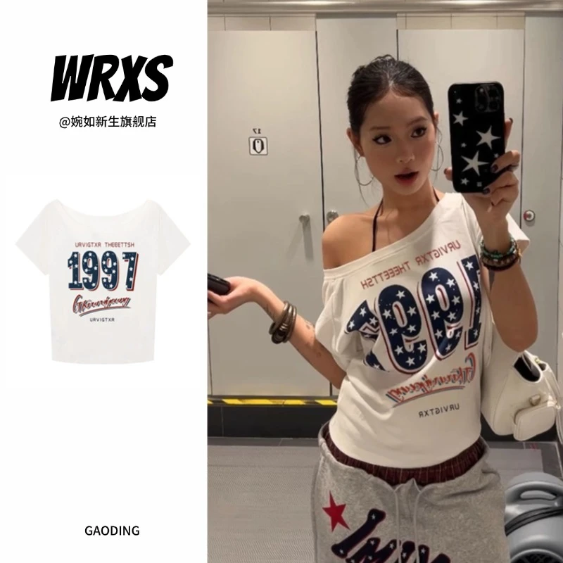 【婉如新生】美式纯欲ins斜肩短袖t恤女夏季设计感小众慵懒辣妹上衣