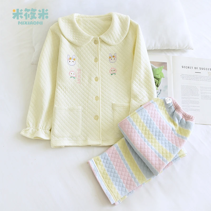 米筱米儿童秋冬纯棉空气层睡衣套女童可爱兔子三层保暖夹层家居服