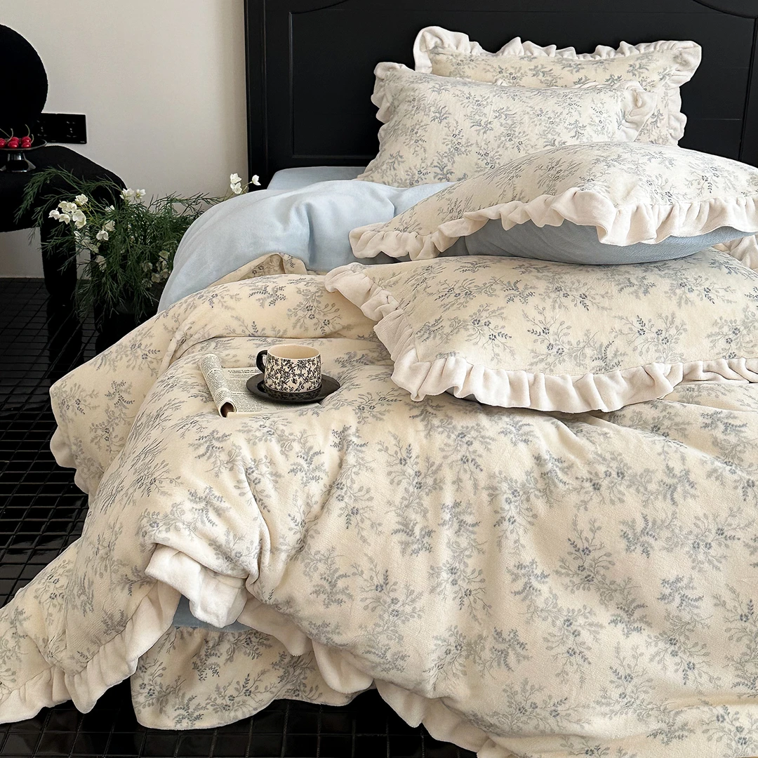 法式牛奶绒床上四件套冬季保暖双面绒花边被套单人三件套女生床品