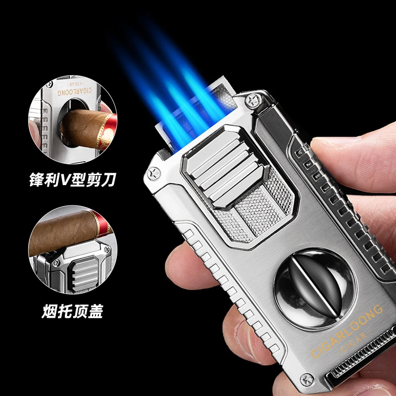 茄龙创意三火直冲雪茄打火机多功能五合一V型茄剪便携火机CL-24HX