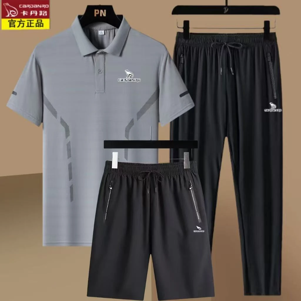 卡丹路爸爸夏季套装冰丝短袖polo衫中老年男装商务休闲运动三件套