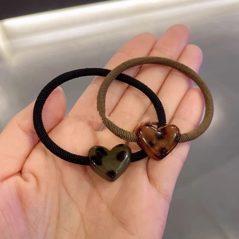 简约爱心头绳女扎马尾皮套发绳加粗耐用高弹力橡皮筋茶色复古发圈