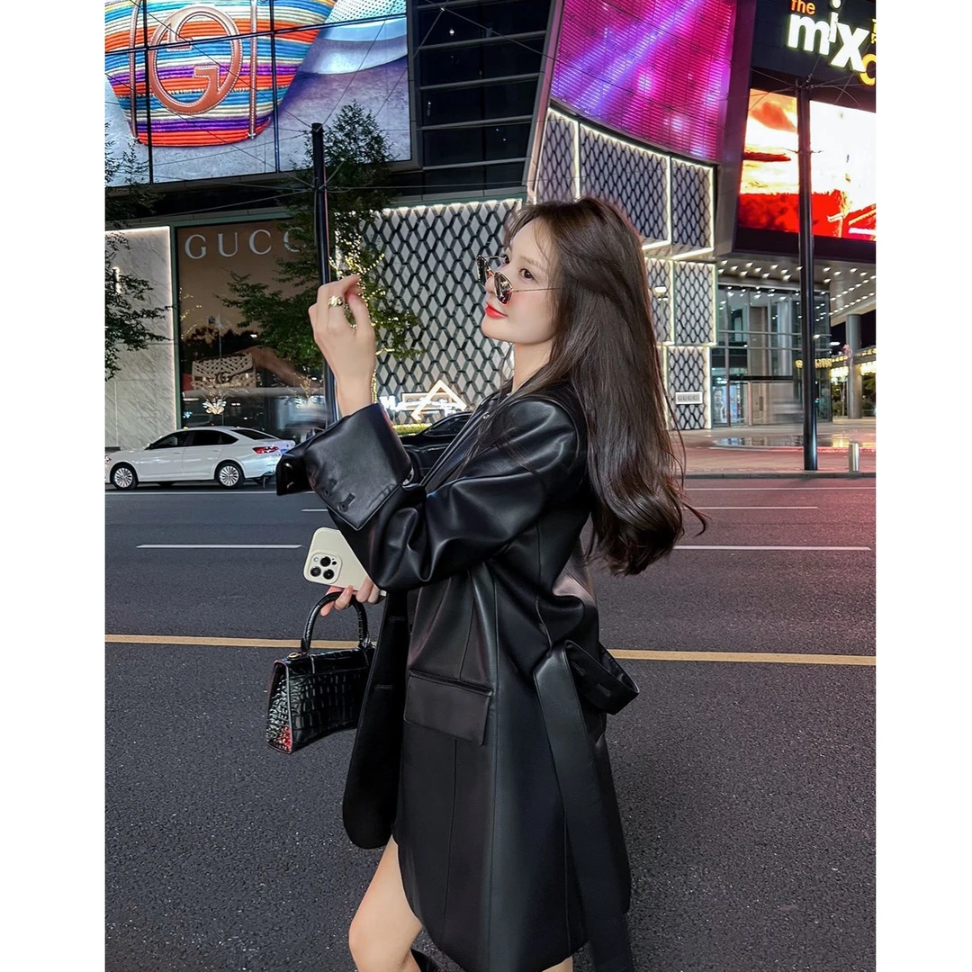 黑色PU皮西装外套女2026春秋新款高级感宽松系带皮衣休闲气质西服