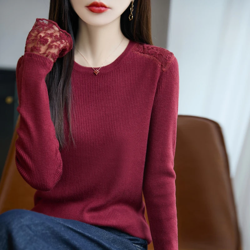 哥弟阿玛施正品圆领蕾丝拼接长袖针织衫女修身显瘦打底衫内搭上衣