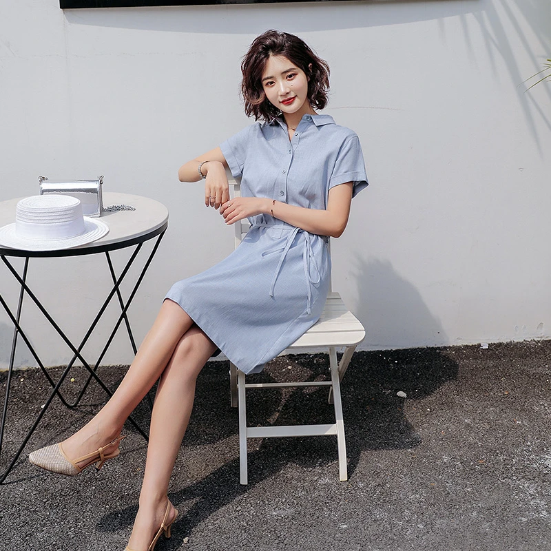 藏青色连衣裙女中长修身显瘦2025年夏季新款短袖收腰时尚衬衫裙