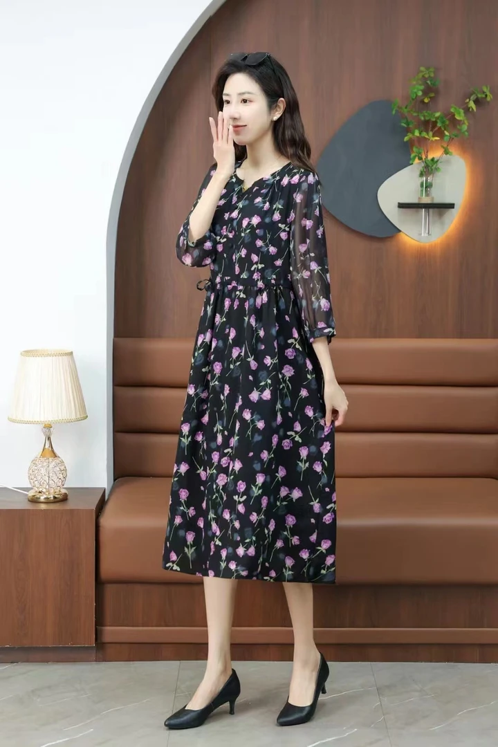 紫玉T7836女装桑蚕丝连衣裙气质时尚中长款修身夏季爆款