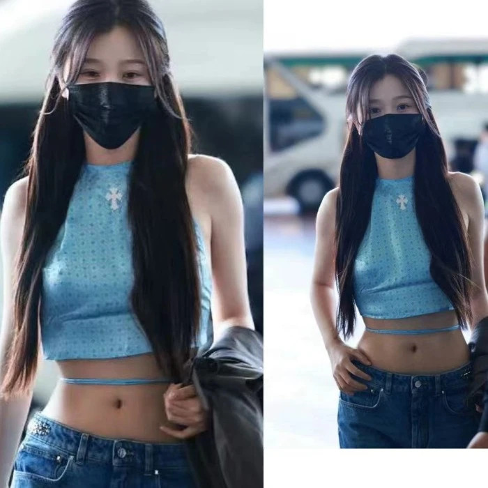 虞书欣法式外穿蓝色挂脖上衣吊带度假风性感纯欲风露背辣妹背心女