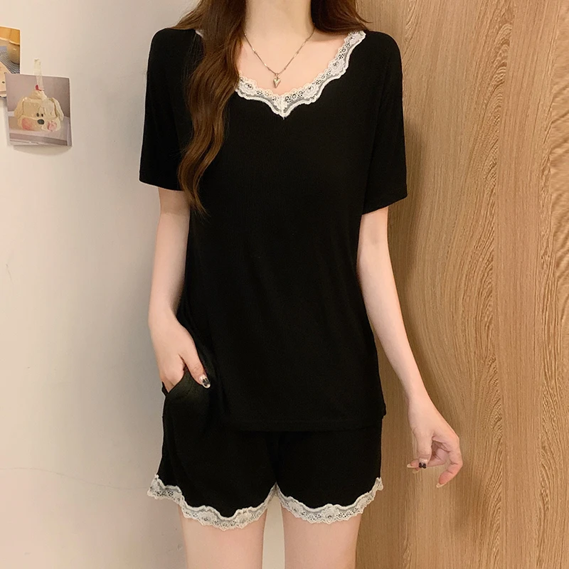 短袖短裤睡衣女款夏季带胸垫高级感蕾丝莫代尔棉可外穿家居服套装