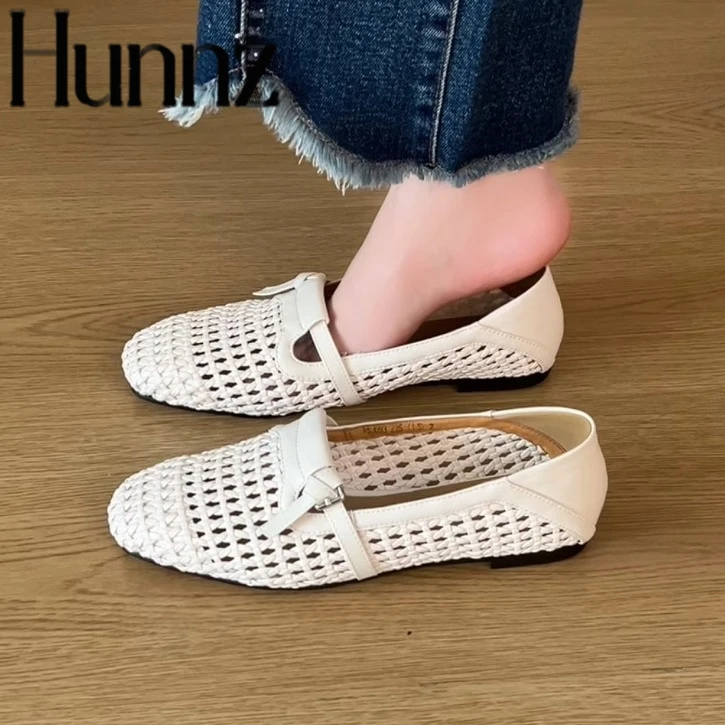 hunnz透气单鞋女2025新款夏季平底乐福鞋镂空包头凉鞋配裙子小皮