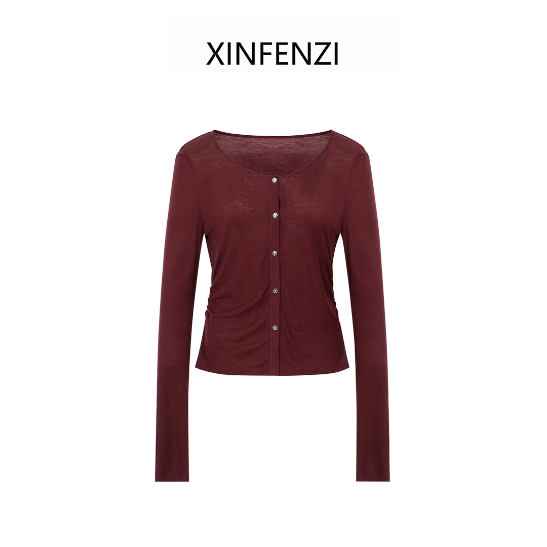 【半甜】XINFENZI 腰上松紧显瘦圆领复古针织上衣 FS33672