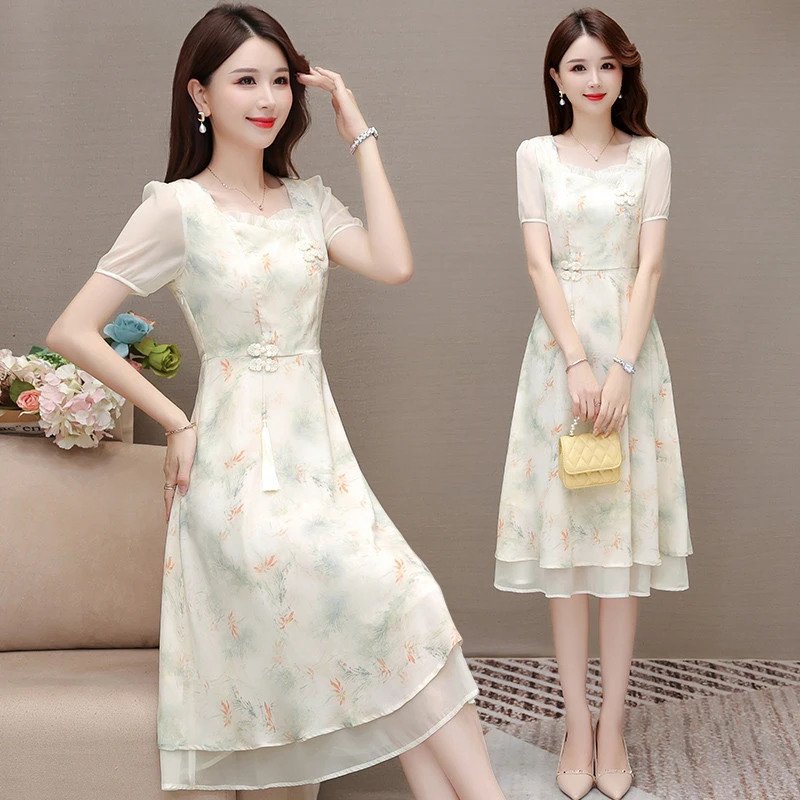 方领印花连衣裙女夏季2025新款韩版收腰显瘦复古新中式过膝a字裙
