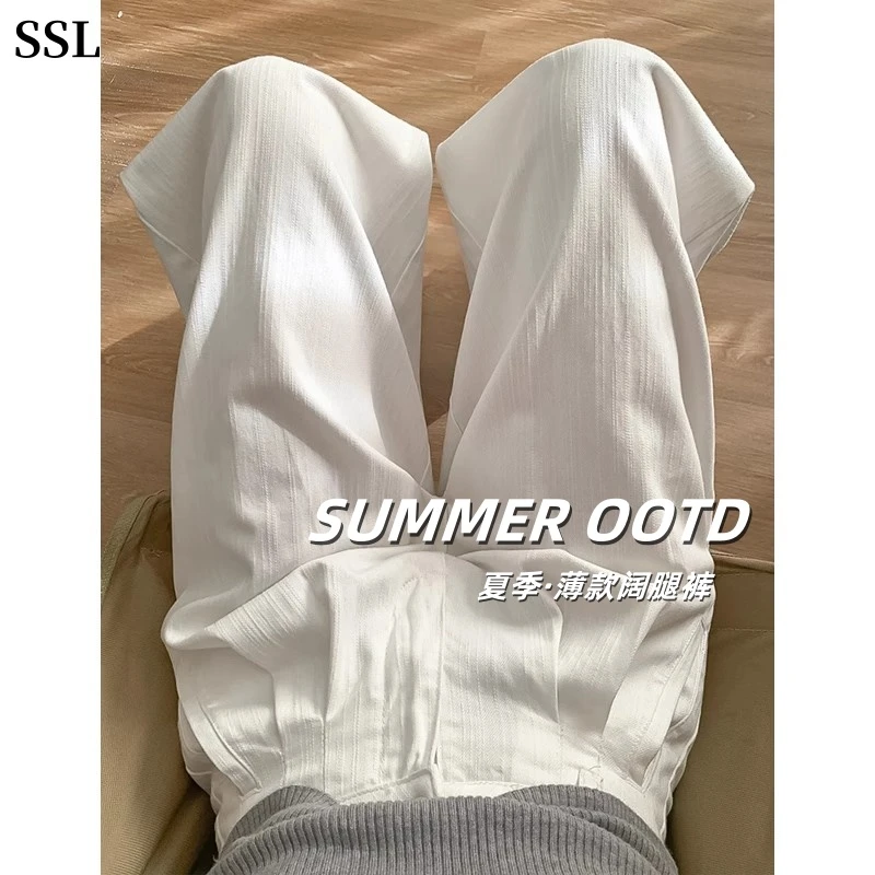 白色亚麻阔腿裤女夏季薄款高腰垂感老钱风宽松直筒凉感西装休闲裤