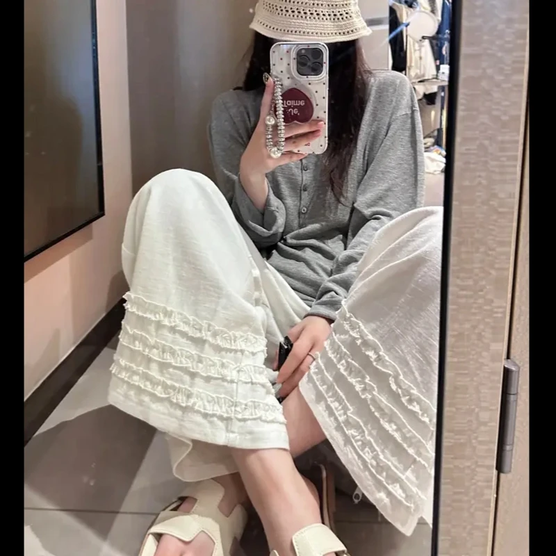 夏日松弛感木耳花边亚麻裤女梨形身材百搭松紧高腰阔腿九分休闲裤