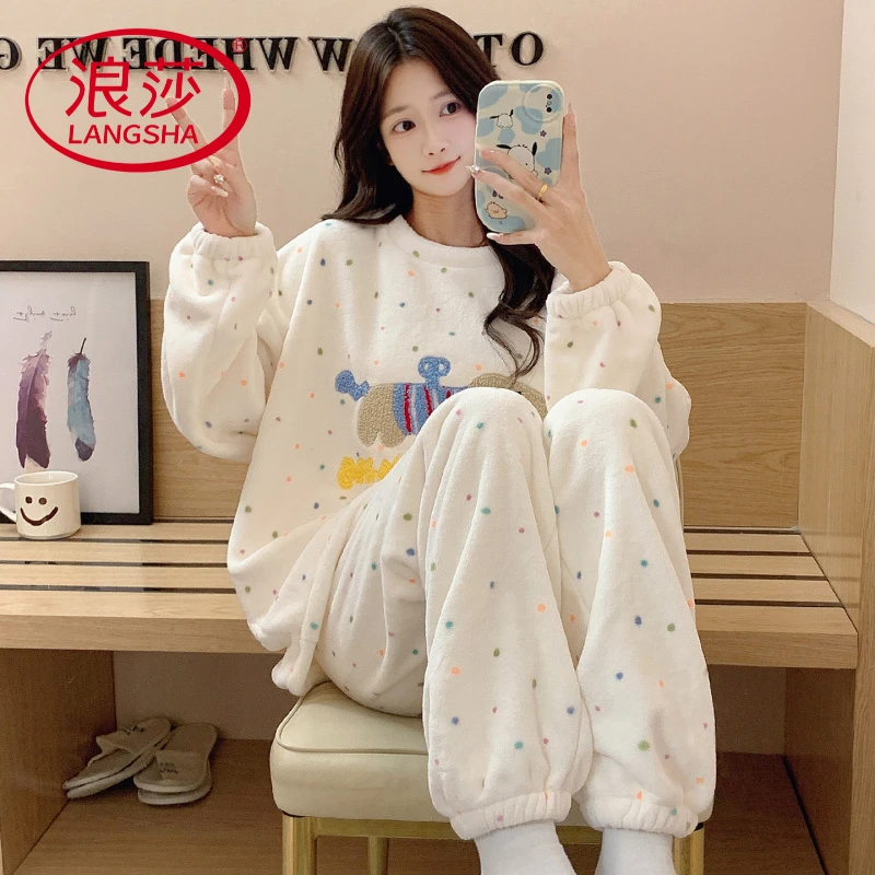 浪莎珊瑚绒睡衣女款秋冬季加绒加厚可爱波点法兰绒保暖春天家居服