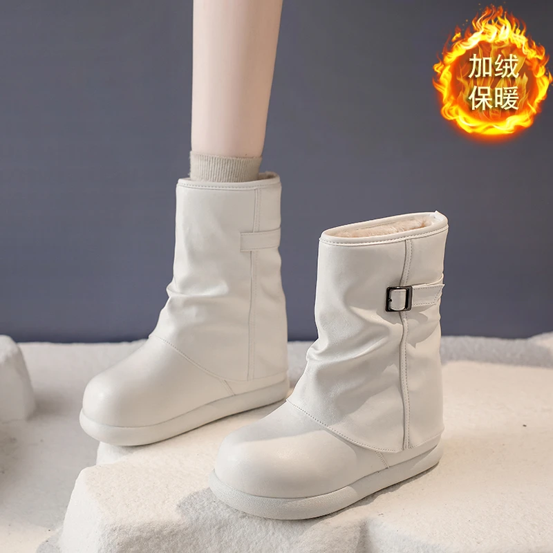 白色雪地靴女2025冬季新款加绒加厚堆堆靴子真皮内增高马丁靴棉鞋