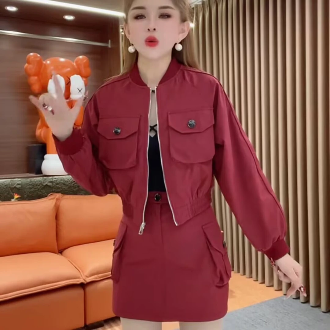 2025年春秋季新款美式辣妹短款棒球服外套+高腰半身裙短裙套装女