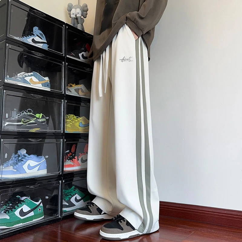 条纹裤子男款春秋美式青少年宽松直筒裤休闲长裤松紧腰百搭运动裤