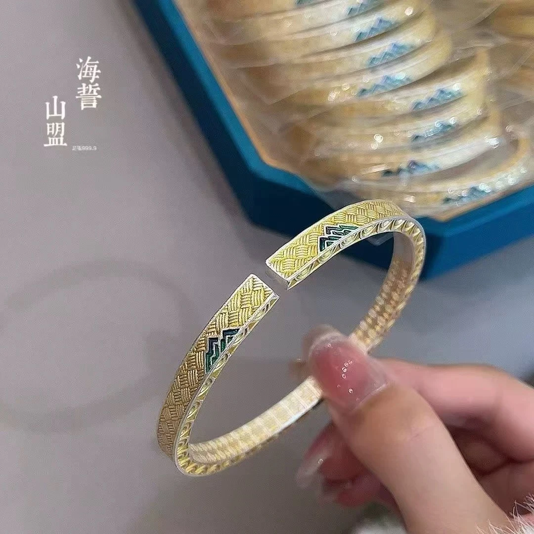 足银手镯 8号链接 描金珐琅彩千里江山手镯中式祥云山盟海誓镯子