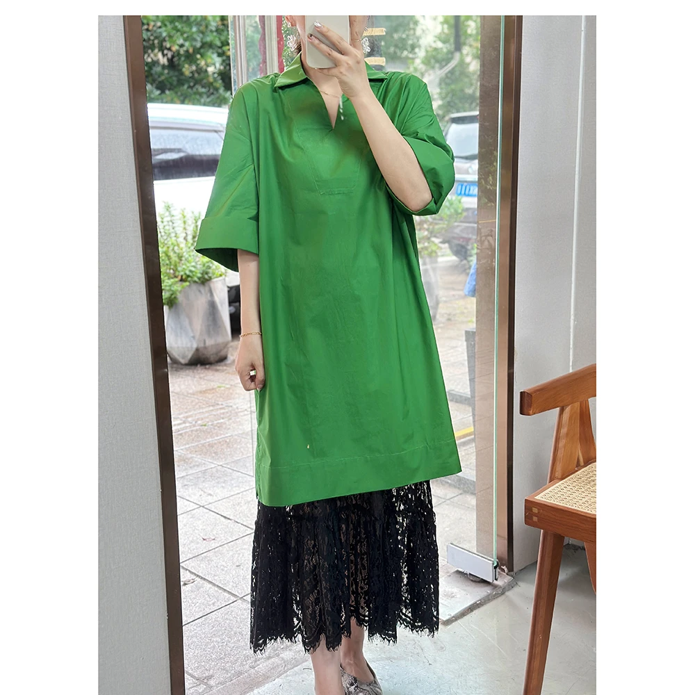 ZR011夏季新款宽松中长款翻领短袖连衣裙女