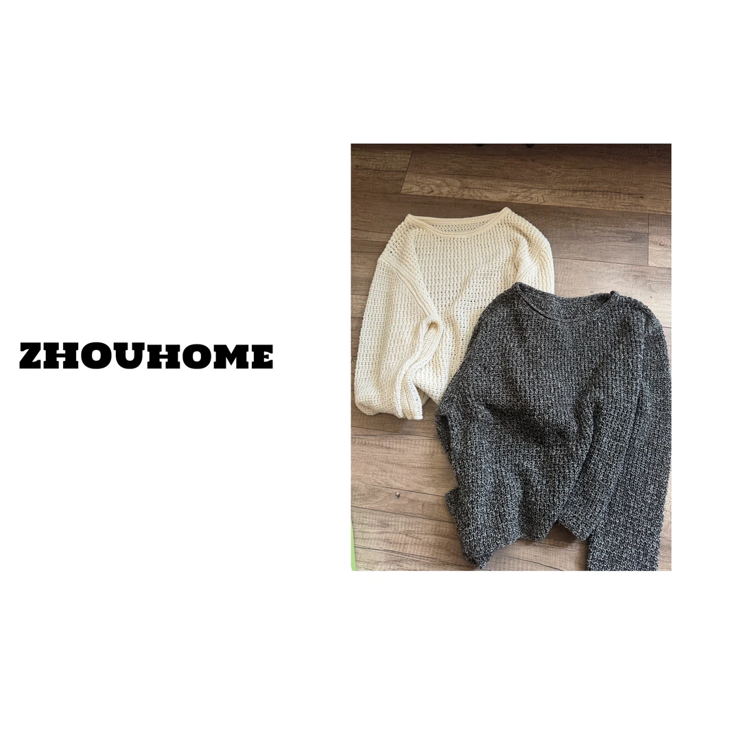 【周周服饰】欧货慵懒风复古混色纱线圆领镂空长袖针织衫女春款