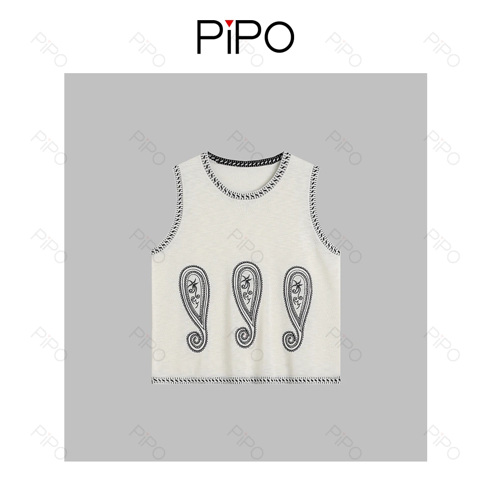 PIPO民族风无袖套头宽松拼色刺绣轻奢夏季针织衫设计感DD52Z531