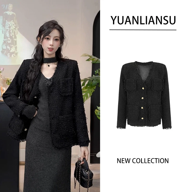 【现货】【鹤归风起】秋冬名媛千金风高级感黑色外套上衣